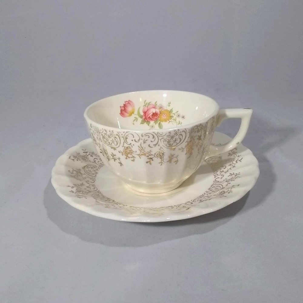 Teacup and Saucer Cream Gold Scroll Floral Design